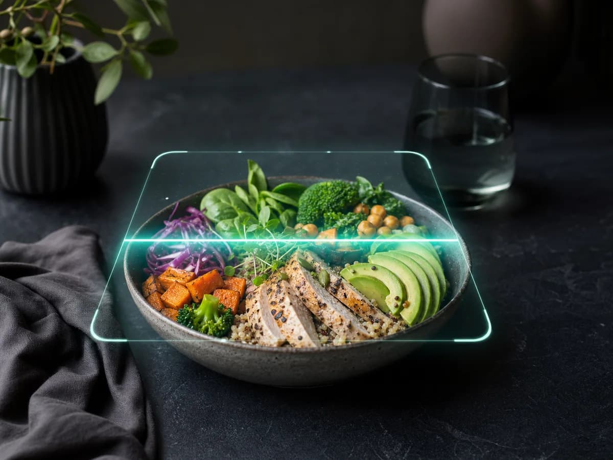 Healthy meal under a subtle AI scan light