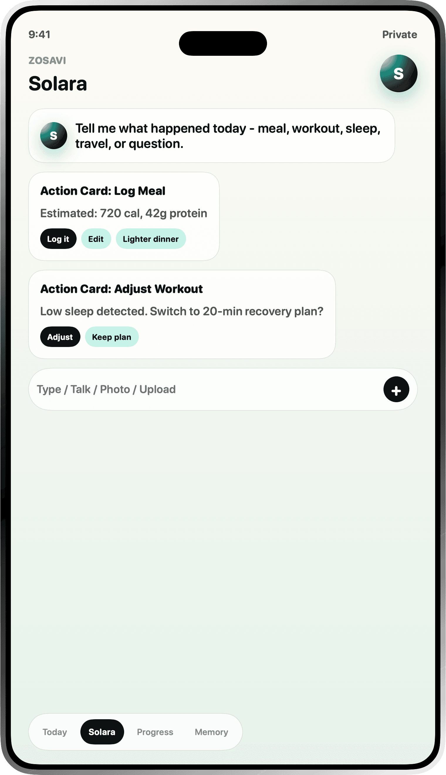 Native-rendered ZOSAVI Solara action cards screen