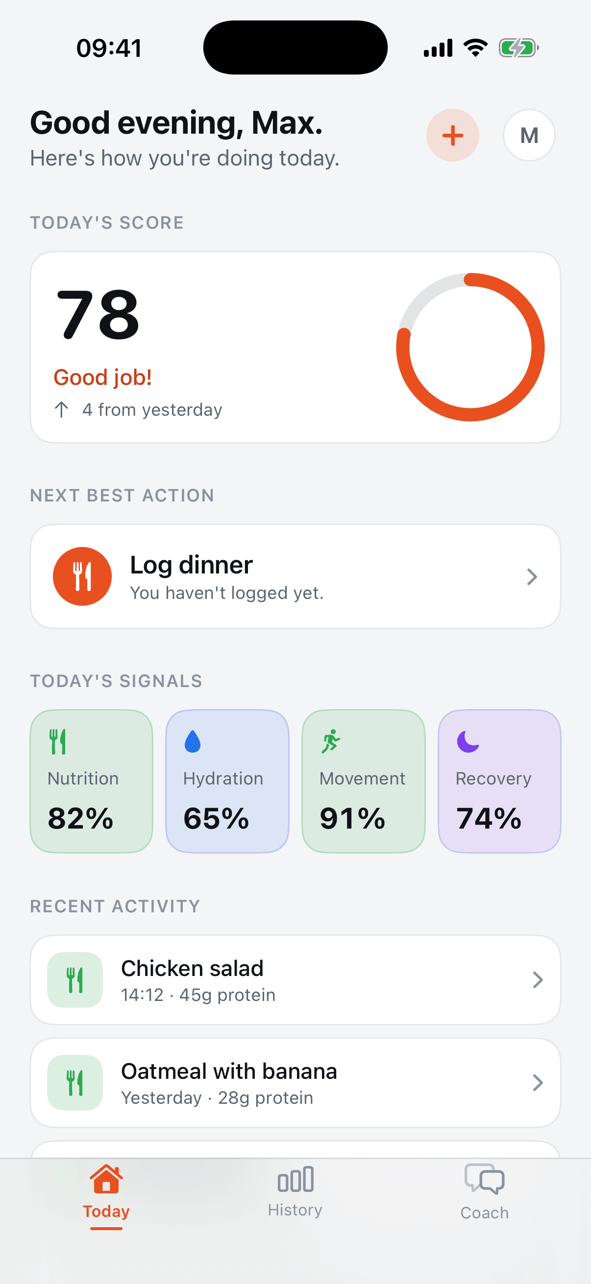 ZOSAVI Today, showing a daily summary, a suggested next action, and nutrition, hydration, movement, and recovery signals